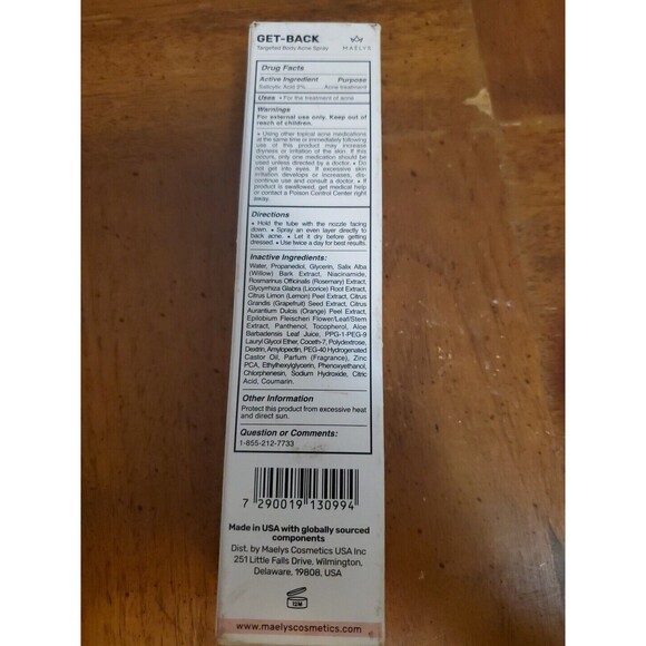 Maelys GET-BACK 3.38oz Vegan Targeted Body Acne Spray w/ Salicylic Acid  *NEW* - Picture 3 of 6